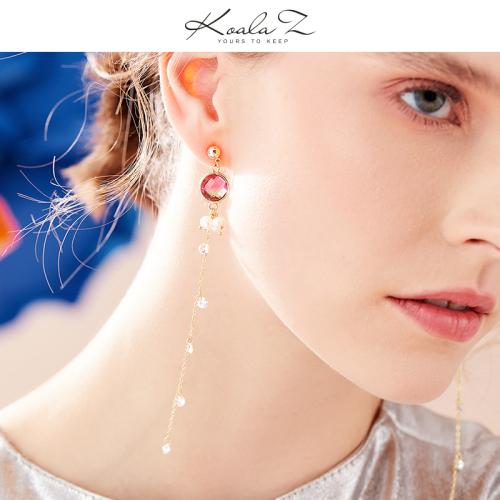 长款人造碧玺宝石天然珍珠流苏耳钉耳环无痛无耳洞可调节耳夹 - dianjiang-