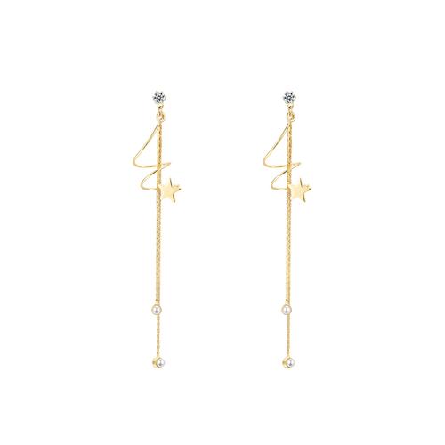 Round face slimming simple metal spiral curve stars double tassel earrings ear clip without ear hole female - dianjiang-