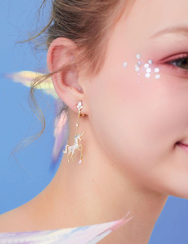 Cute dreamy pink girl heart asymmetric metal full diamond unicorn ear-hook earrings without ear-hole earrings - dianjiang-