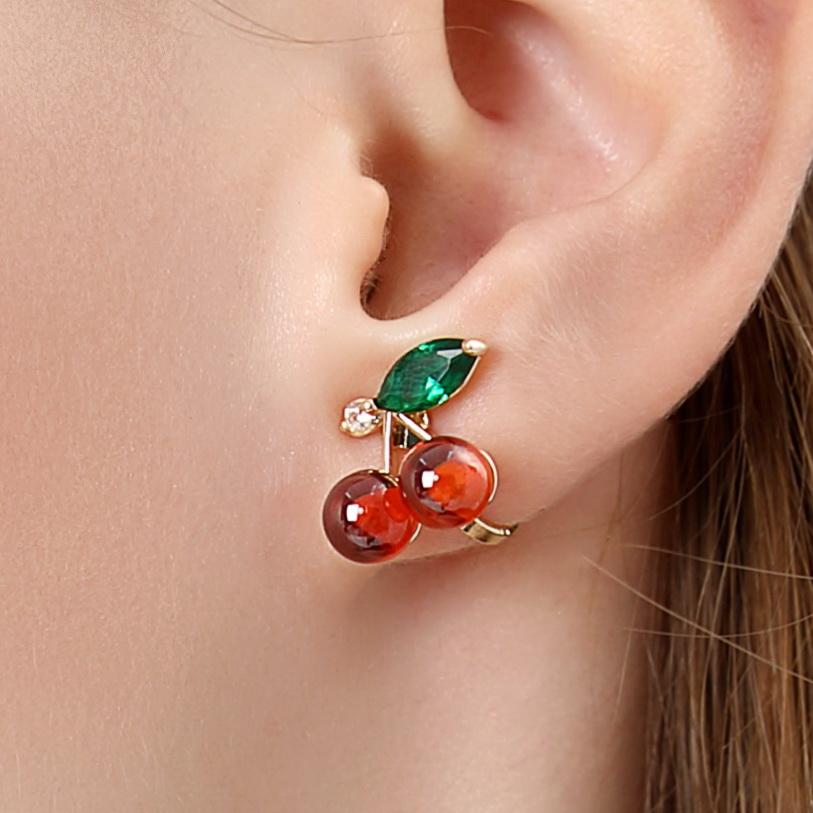 Energetic pomegranate red cherry cute simple small ear nail earrings earrings no ear hole female Japanese fruit - dianjiang-