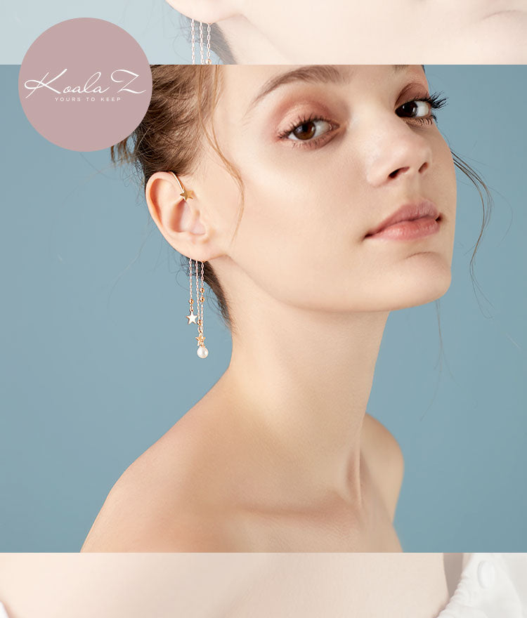 Design sense star tassel Pearl Earrings temperament long one piece earhook Earrings without earholes - dianjiang-