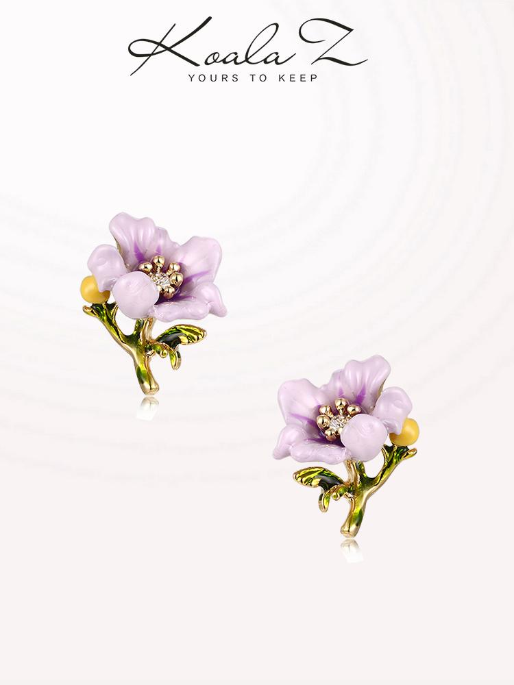 French single hand enamel purple small flower ear nail ear clip without ear hole female adjustable spiral Japanese fresh - dianjiang-