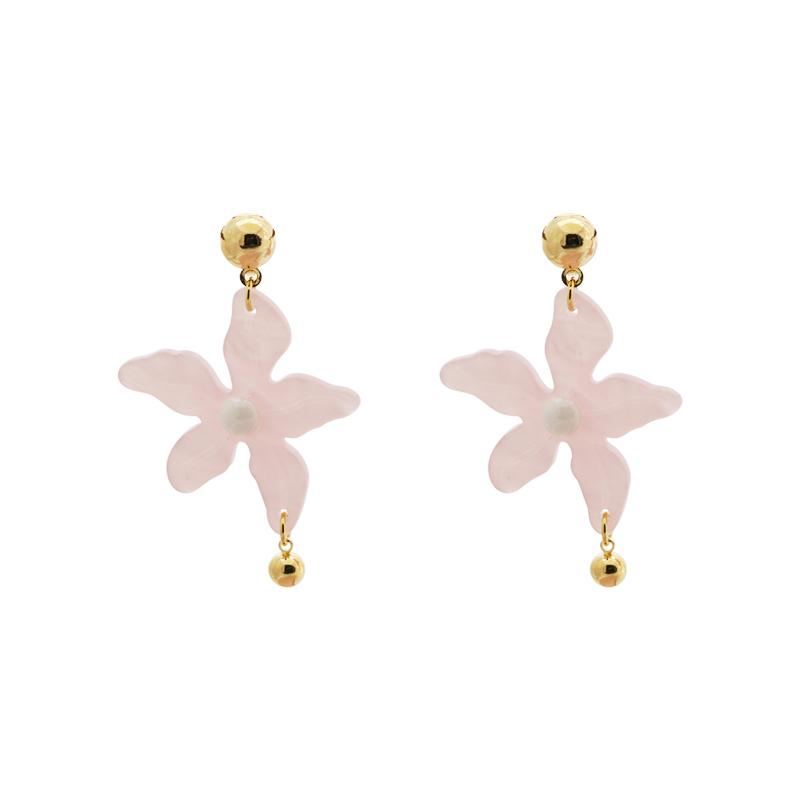 Japanese age reduction new pink Acrylic flower ceramic bead earring earrings no ear hole women hundred plated real gold - dianjiang-