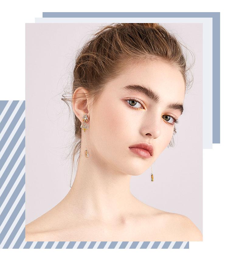 Super-Immortal Heavy Industry hand-made asymmetrical hollowed-out inlaid yellow drill tassel water drop flower earrings ear clip no ear hole girl - dianjiang-