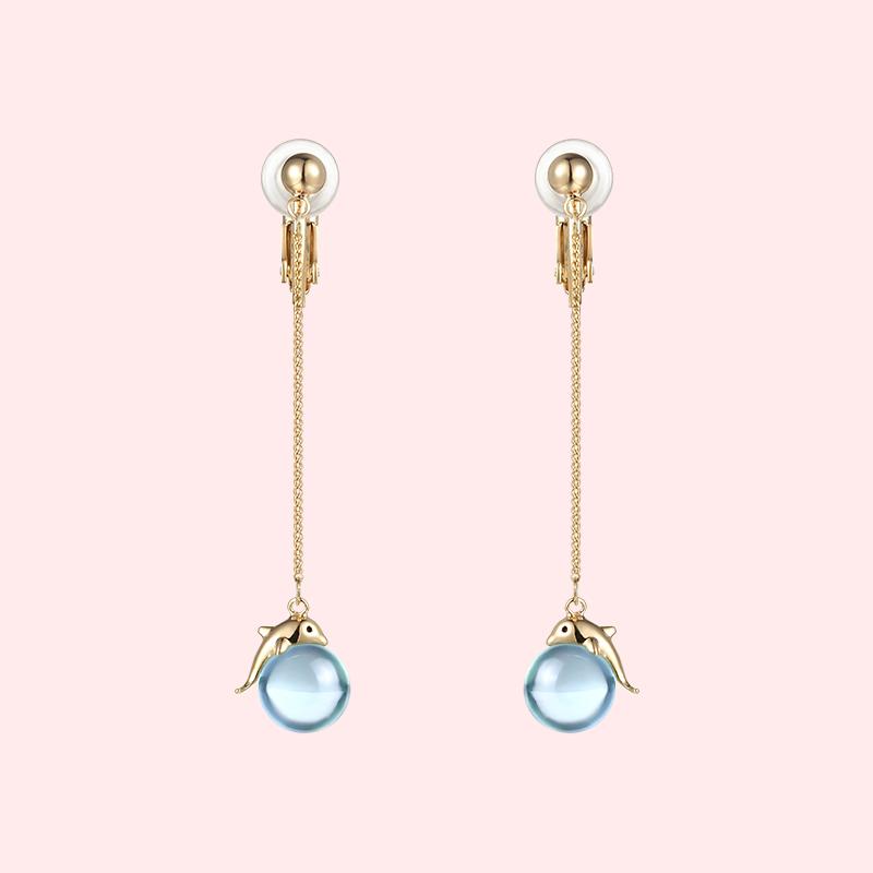Japanese design fresh lovely young girl heart dolphin blue crystal ball earring earring clip earless female super immortal personality - dianjiang-
