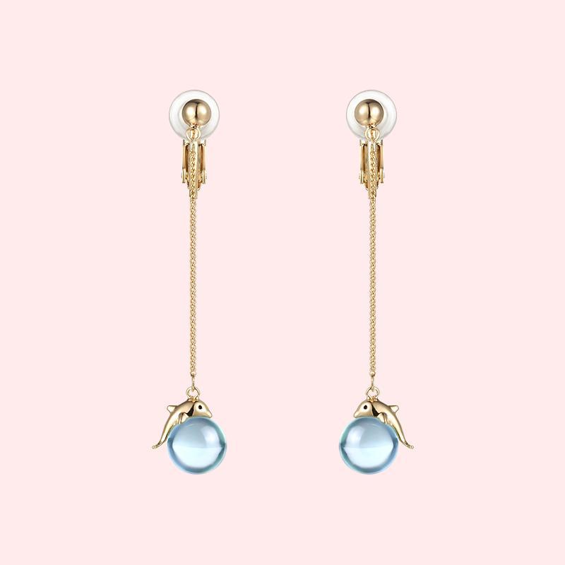 Japanese design fresh lovely young girl heart dolphin blue crystal ball earring earring clip earless female super immortal personality - dianjiang-
