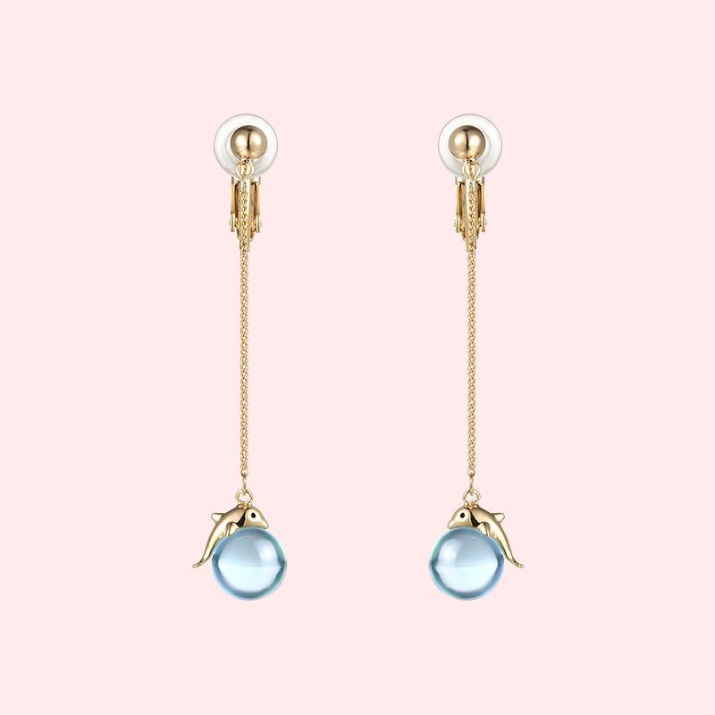 Japanese design fresh lovely young girl heart dolphin blue crystal ball earring earring clip earless female super immortal personality - dianjiang-