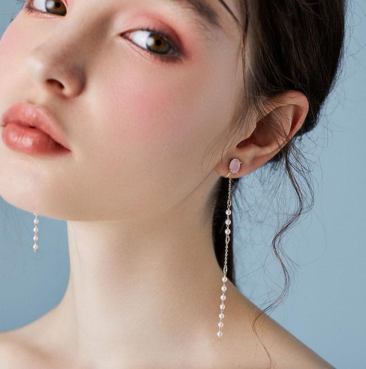 Gentle protein powder Long pink crystal pearl tassel earrings no ear hole female super fairy - dianjiang-