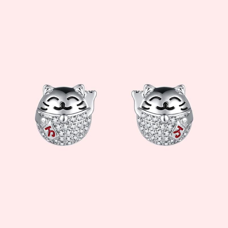 Chinese style cute Lucky Cat lucky lucky lucky lucky Earrings without earholes - dianjiang-