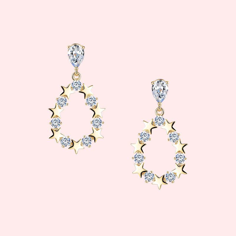 Japanese new exquisite high-level sense hollow water drop crystal star diamond earrings earrings clip female non earhole - dianjiang-