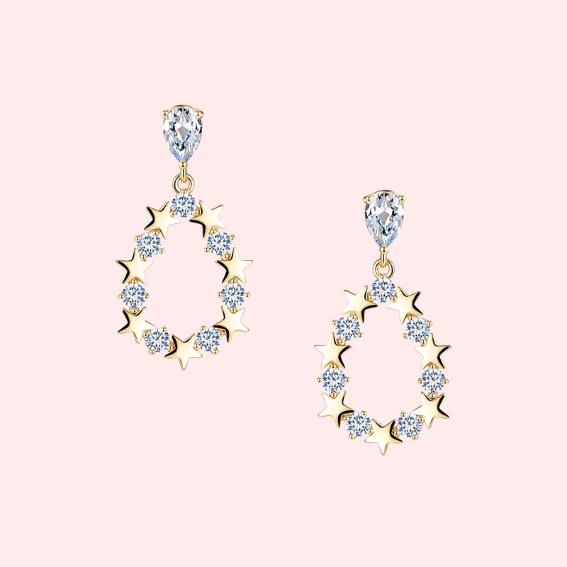 Japanese new exquisite high-level sense hollow water drop crystal star diamond earrings earrings clip female non earhole - dianjiang-