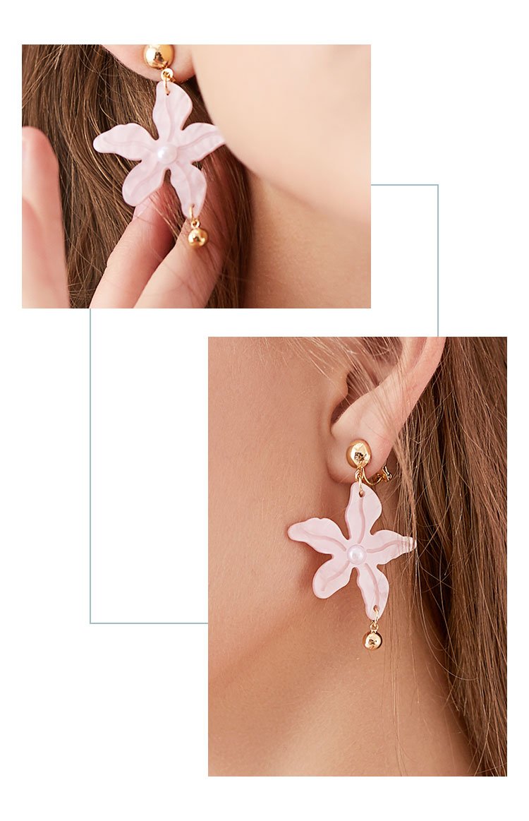 Japanese age reduction new pink Acrylic flower ceramic bead earring earrings no ear hole women hundred plated real gold - dianjiang-