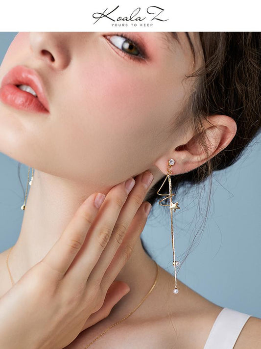 Round face slimming simple metal spiral curve stars double tassel earrings ear clip without ear hole female - dianjiang-