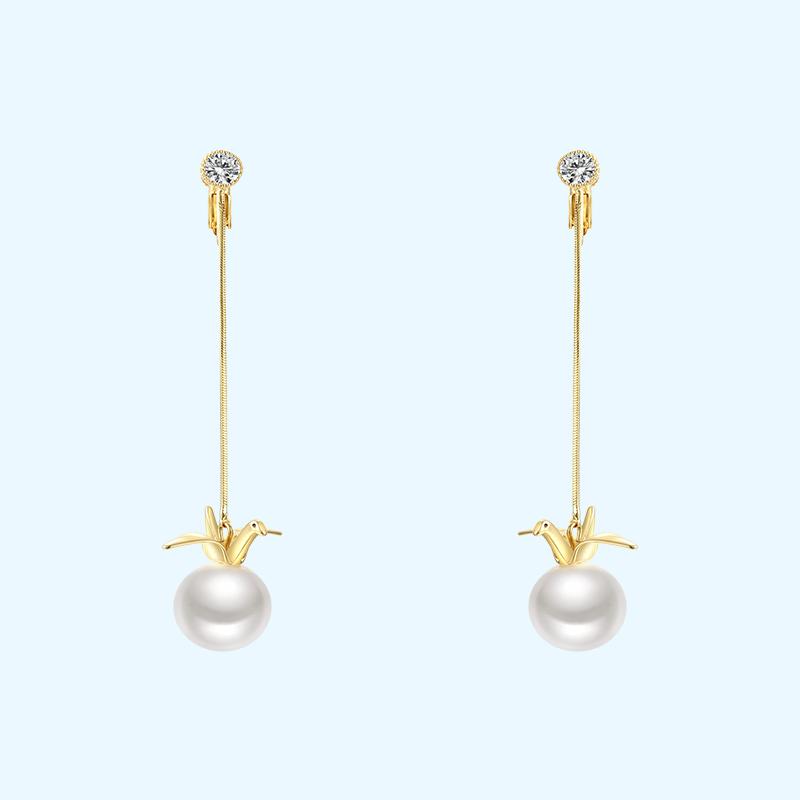 Long lady temperament thousand paper crane pearl pendant long tassel earrings no ear hole ear clip female painless daily - dianjiang-