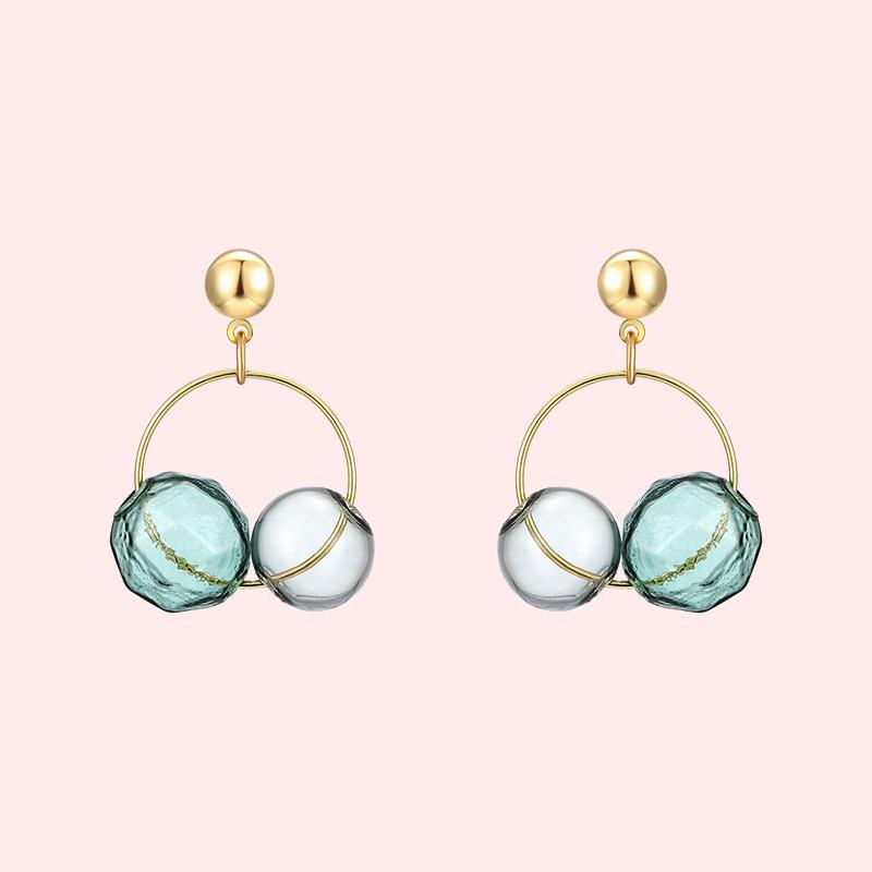 Spring new transparent glass ball cold wind Mo Landi color two-color earring earring earring clip without ear hole female - dianjiang-