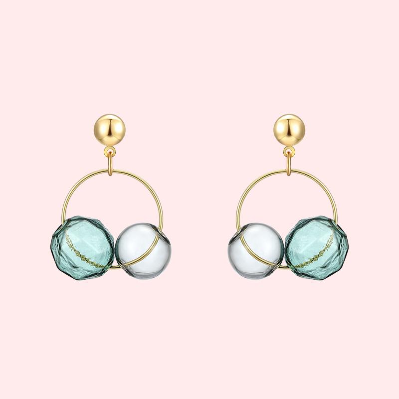 Spring new transparent glass ball cold wind Mo Landi color two-color earring earring earring clip without ear hole female - dianjiang-