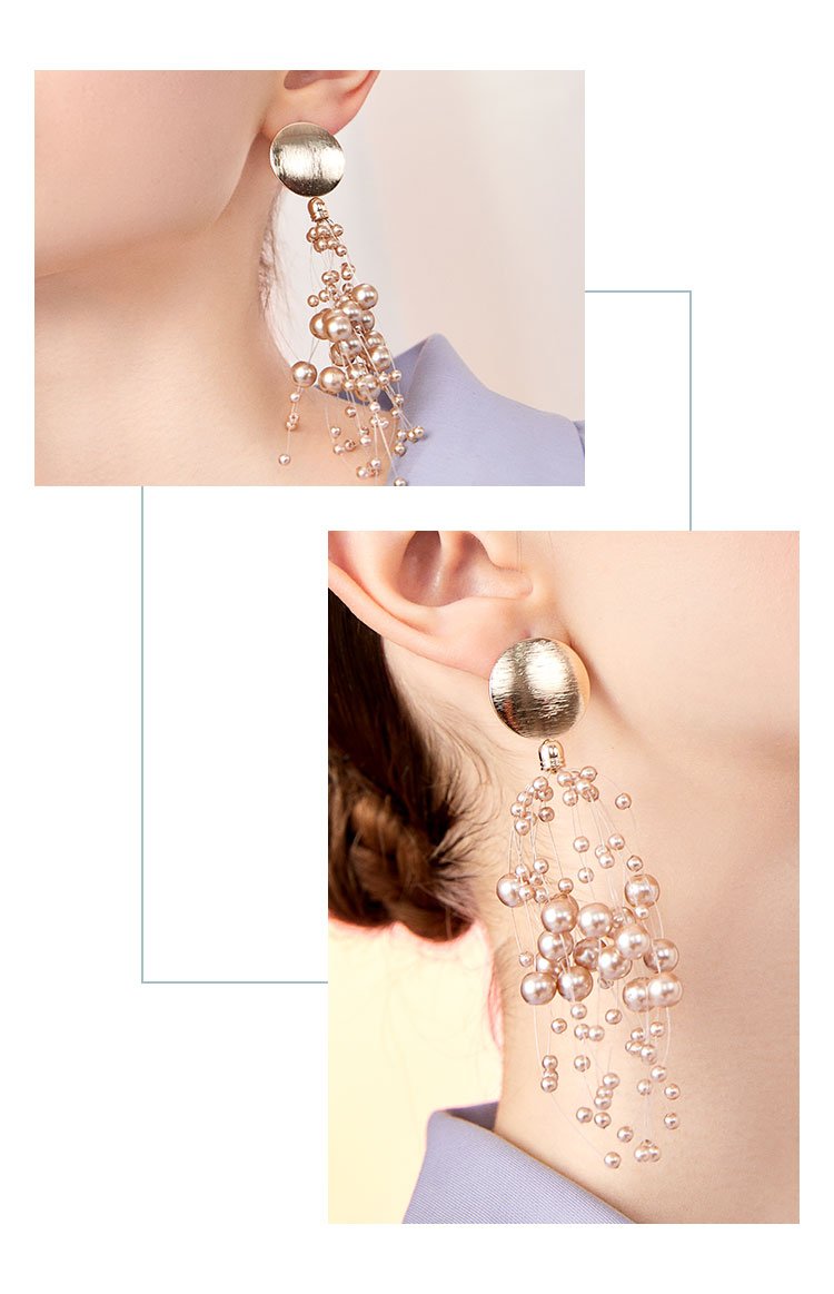 European and American personality exaggeration star champagne pearl grape string Earrings ear clip earless female long tassel round face - dianjiang-