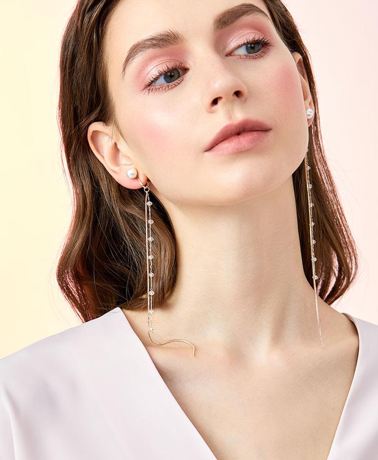 Super-long super-fairy cold light wind fairy round face thin crystal snake bone chain tassel earrings ear clip no ear hole girl - dianjiang-