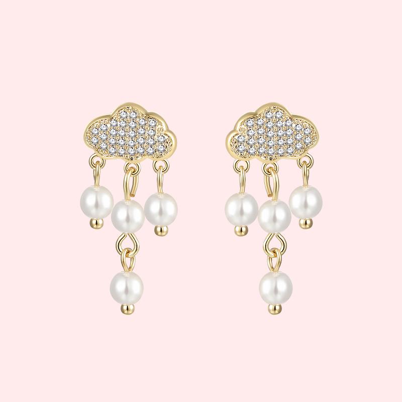 Japanese boutique cute flash diamond cloud pearl raindrop earrings earrings ear clip earless female ins fairy South Korea - dianjiang-