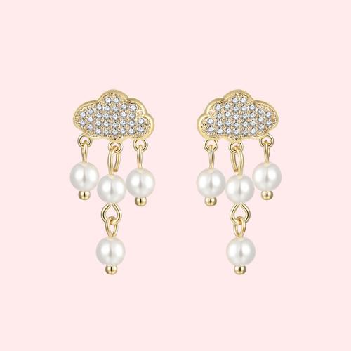 Japanese boutique lovely flash diamond cloud pearl raindrop earring earrings ear clip earless female INS fairy Korea - dianjiang-