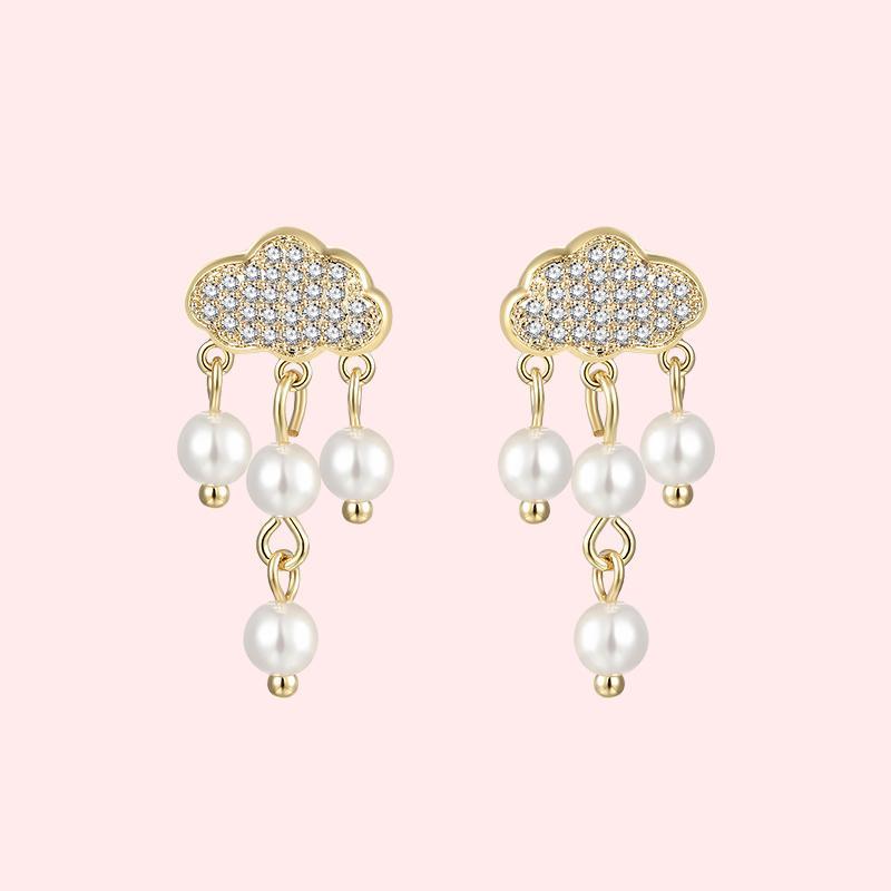 Japanese boutique lovely flash diamond cloud pearl raindrop earring earrings ear clip earless female INS fairy Korea - dianjiang-