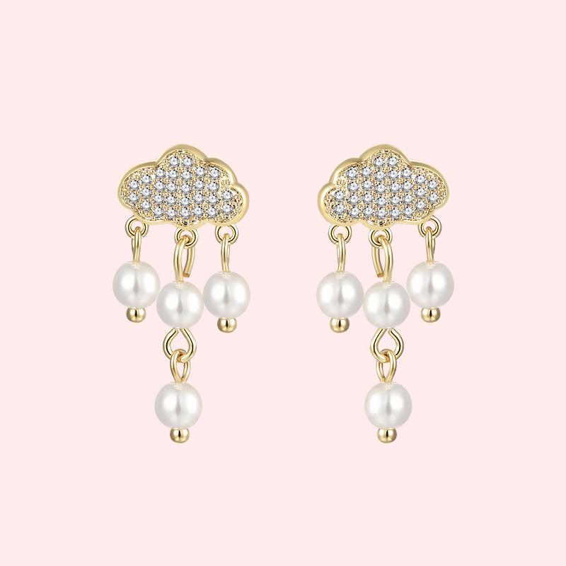 Japanese boutique lovely flash diamond cloud pearl raindrop earring earrings ear clip earless female INS fairy Korea - dianjiang-