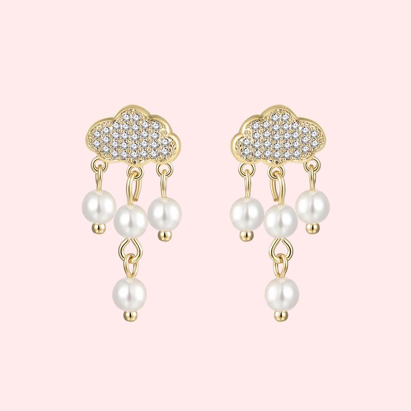 Japanese boutique lovely flash diamond cloud pearl raindrop earring earrings ear clip earless female INS fairy Korea - dianjiang-