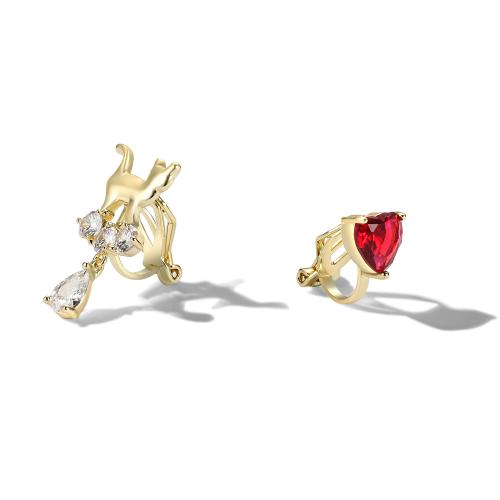 日系小清新 不对称别致红色红钻爱心猫咪耳钉耳环耳夹无耳洞女 - dianjiang-