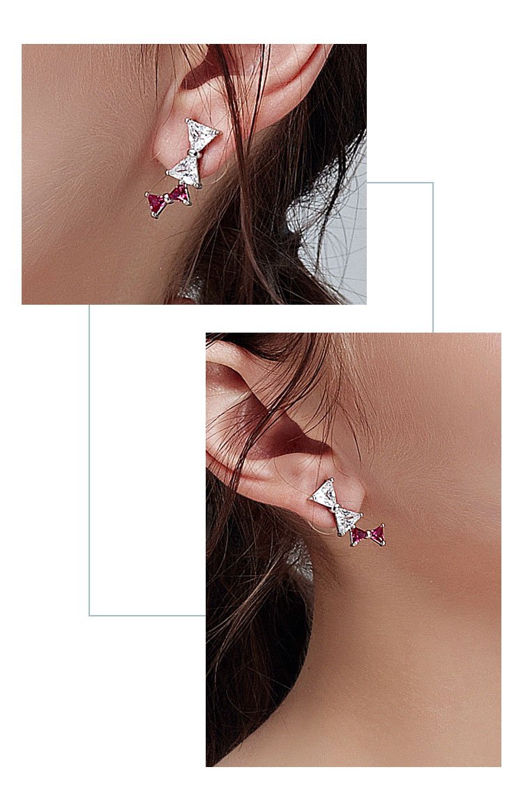 Vigorous aging, thin, delicate, red splicing, bow earrings, ear clip, no ear hole, Korean Japanese girl heart - dianjiang-