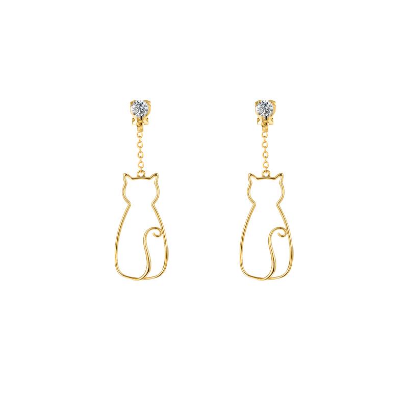 Original designer's minimalist little fresh and lovely metal openwork cat Tassel Earrings without ear holes - dianjiang-