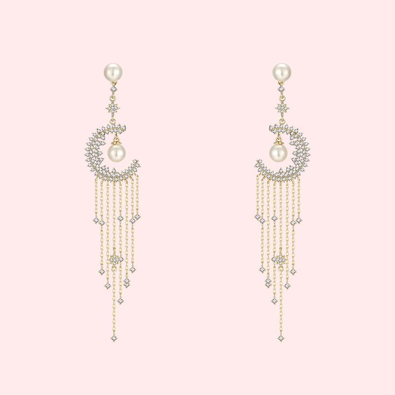 Heavy hand-made Mori Super Fairy Long Tassel Crystal Moon Pearl Earrings Earrings No Ear Holes Earrings Temperament Women - dianjiang-