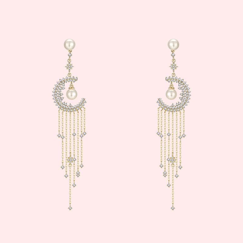 Heavy hand-made Mori Super Fairy Long Tassel Crystal Moon Pearl Earrings Earrings No Ear Holes Earrings Temperament Women - dianjiang-