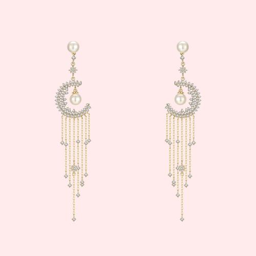 Heavy hand-made Mori Super Fairy Long Tassel Crystal Moon Pearl Earrings Earrings No Ear Holes Earrings Temperament Women - dianjiang-