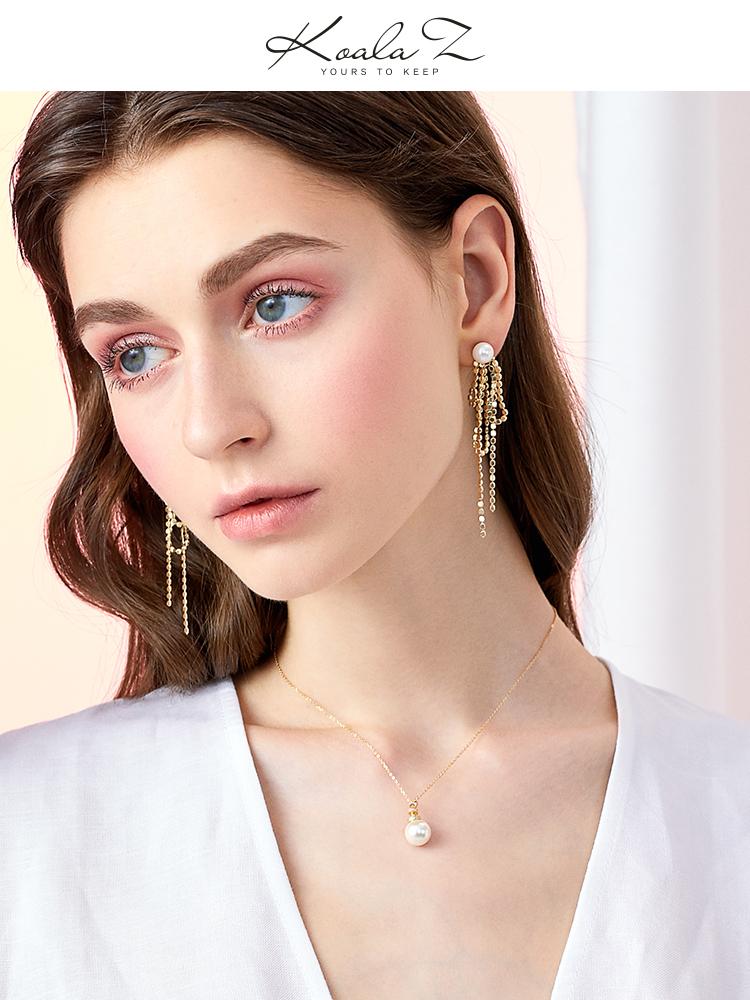 Design sense: round face, thin metal fringe, bow knot, pearl like long earring, ear clip, no ear hole, female Japan - dianjiang-