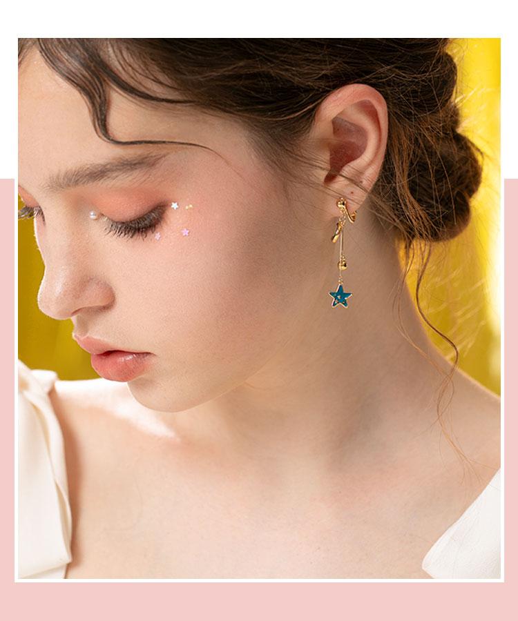 Japanese new products original design hand made blue glass texture glaze star moon earrings ear clip no ear hole girl - dianjiang-