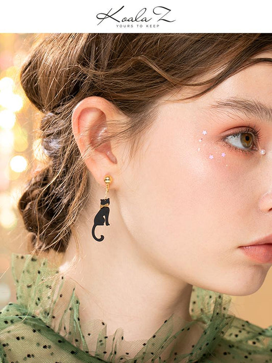 Personalized design sense Japanese order mysterious black cat elves earrings earrings without earholes earclip cute girl - dianjiang-