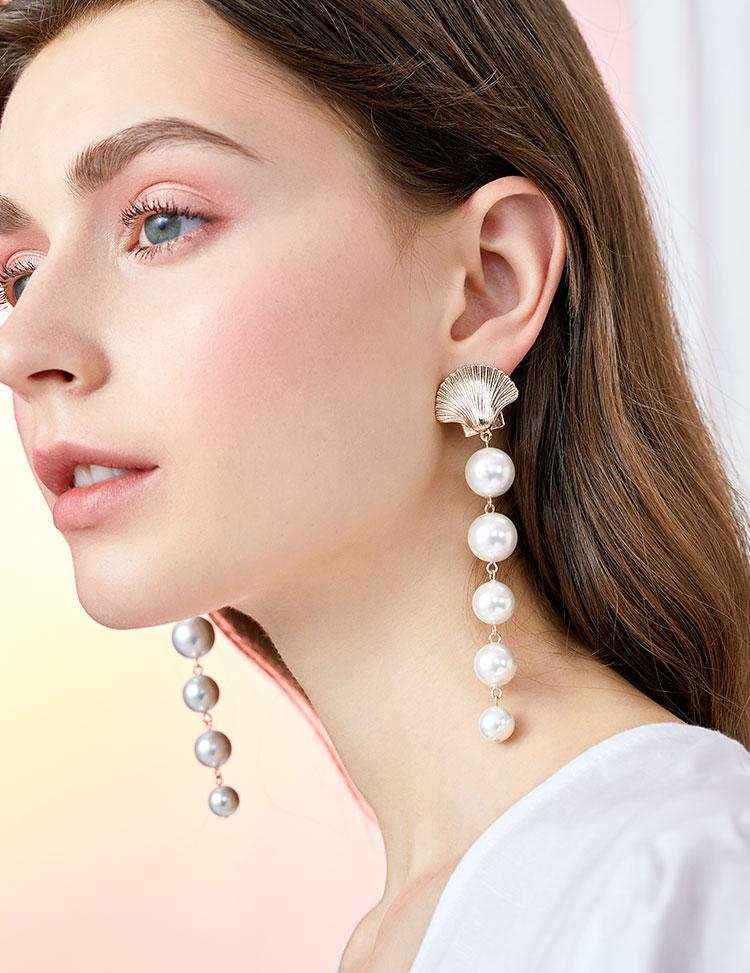 The design of Europe and the United States exaggerated cold wind temperament long mermaid tears metal shell imitation pearl earrings ear clip - dianjiang-