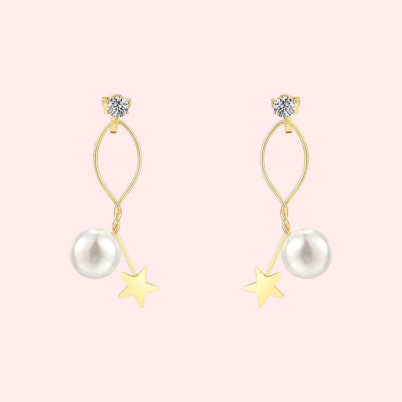 Simple design, wire wound, metal star, pearl ear stud, no ear hole, ear clip, women's pain free, everyday versatile - dianjiang-