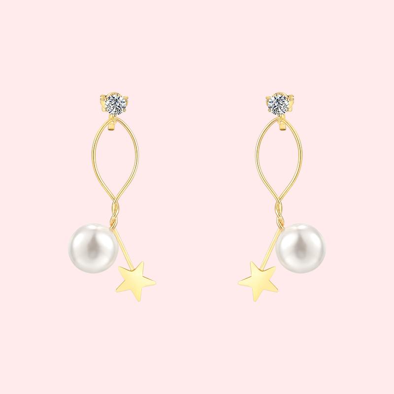 Simple design, wire wound, metal star, pearl ear stud, no ear hole, ear clip, women's pain free, everyday versatile - dianjiang-