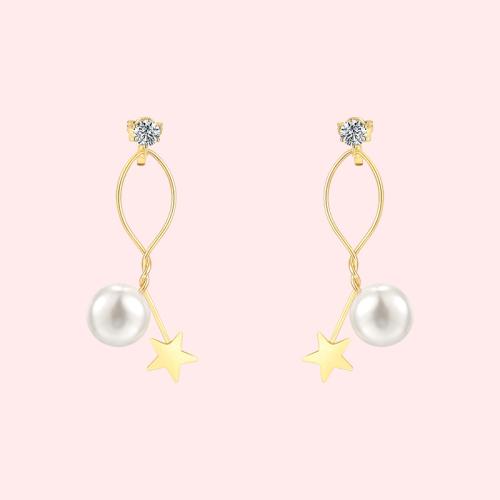 Simple design, wire wound, metal star, pearl ear stud, no ear hole, ear clip, women's pain free, everyday versatile - dianjiang-