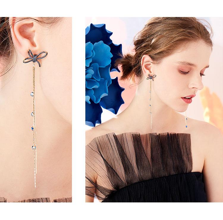 Super immortal heavy industry shows thin, long, cold and cool temperament, super long bow tie, tassel, earring, ear clip, female round face without ear hole - dianjiang-