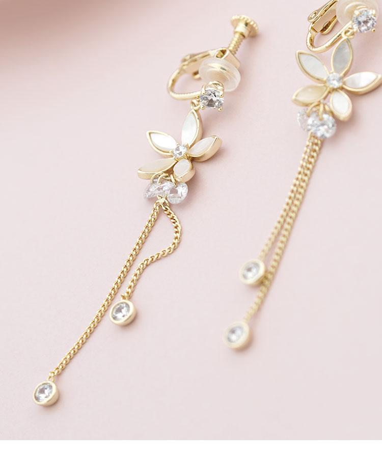 Gentle temperament, metal shell, flower, crystal tassel, ear stud, no ear hole, no pain - dianjiang-