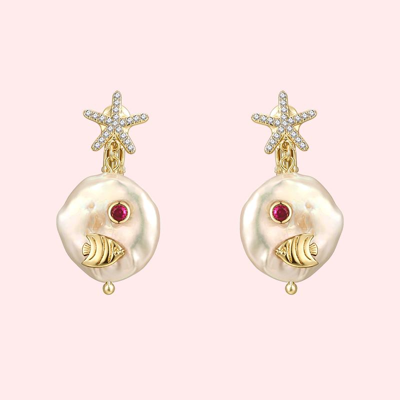 Baroque natural pearl zircon starfish cute little fish earring earring earring female painless everyday Joker - dianjiang-