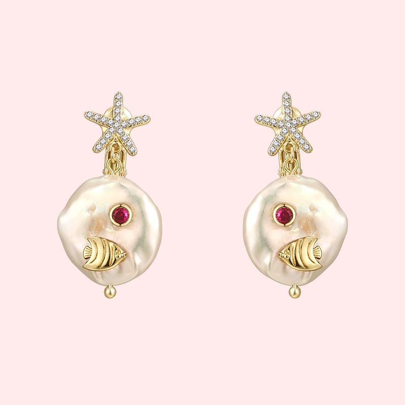 Baroque natural pearl zircon starfish cute little fish earring earring earring female painless everyday Joker - dianjiang-