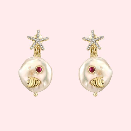巴洛克天然珍珠锆石海星可爱小鱼耳钉无耳洞耳夹女无痛日常百搭款 - dianjiang-