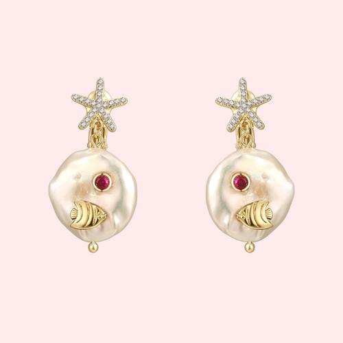 Baroque natural pearl zircon starfish cute little fish earring earring earring female painless everyday Joker - dianjiang-