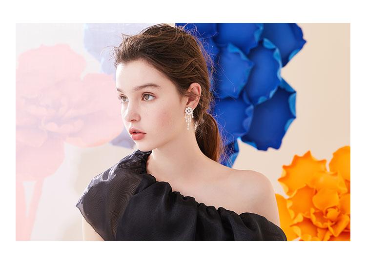 Heavy Industry Hand for 5A Zirconium Smart waterfall flower crystal tassel earrings painless earless clip girl - dianjiang-