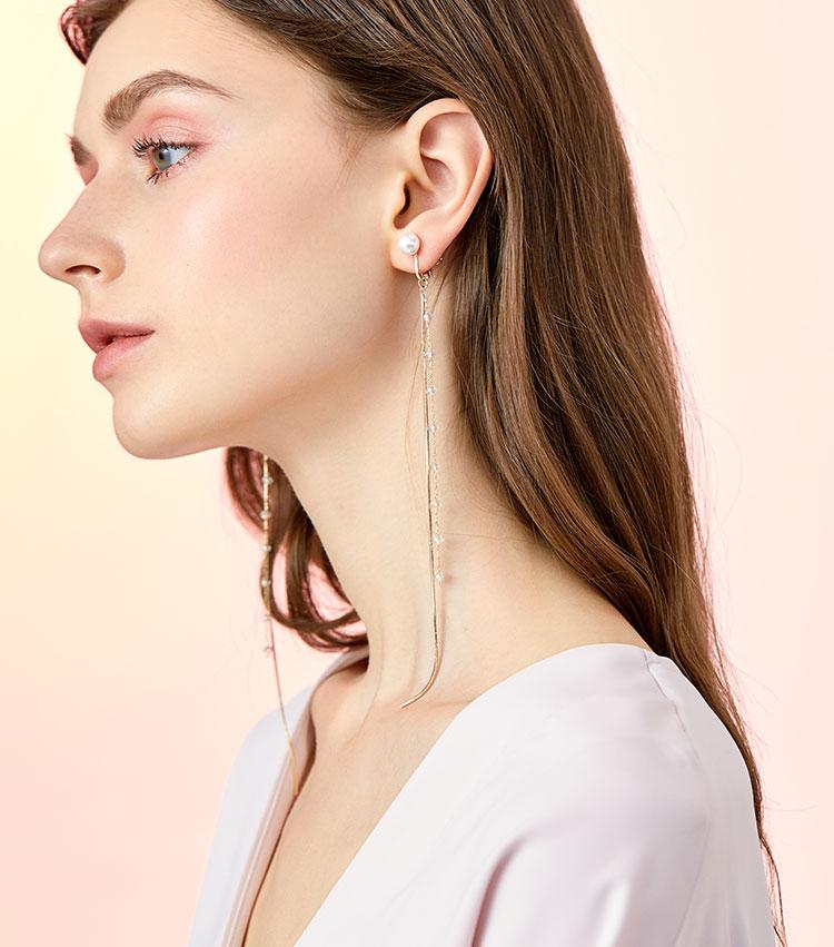 Super-long super-fairy cold light wind fairy round face thin crystal snake bone chain tassel earrings ear clip no ear hole girl - dianjiang-