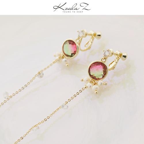 长款人造碧玺宝石天然珍珠流苏耳钉耳环无痛无耳洞可调节耳夹 - dianjiang-