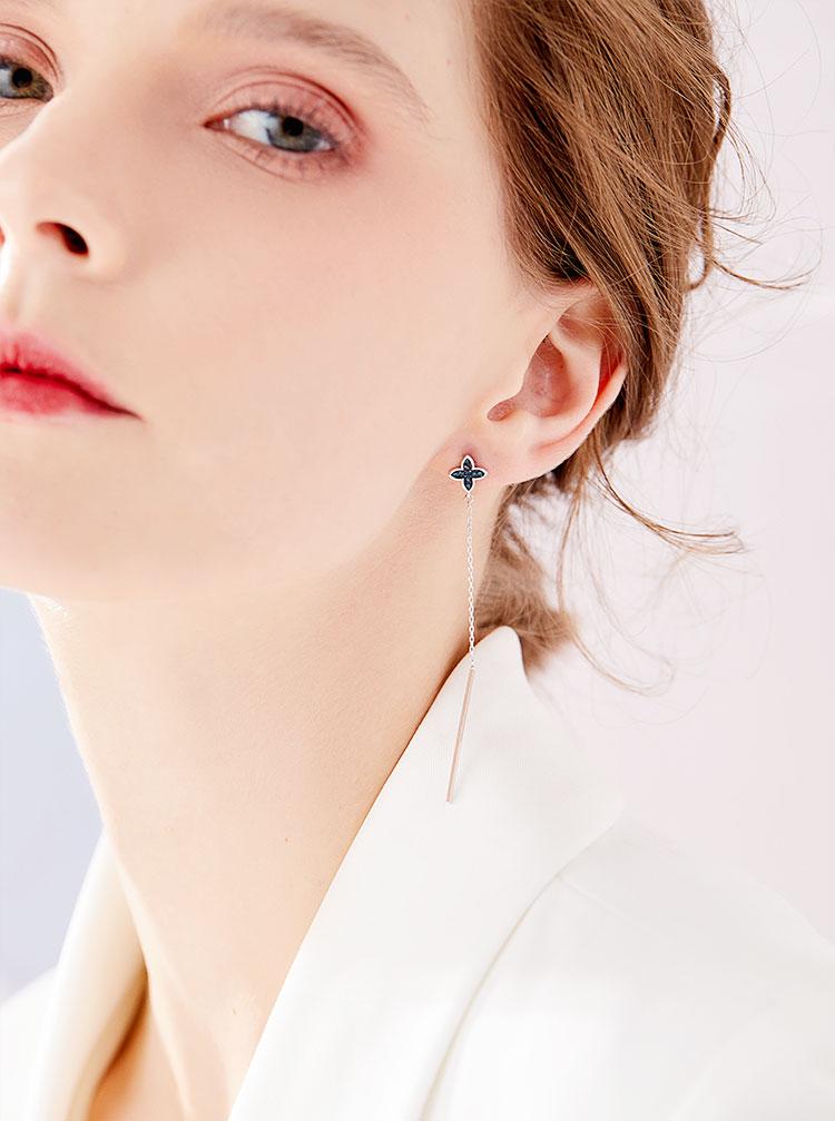 Long cold-tie asymmetrical design four-leaf diamond-shaped tassel earrings painless ear-free ear-to-ear clip woman - dianjiang-